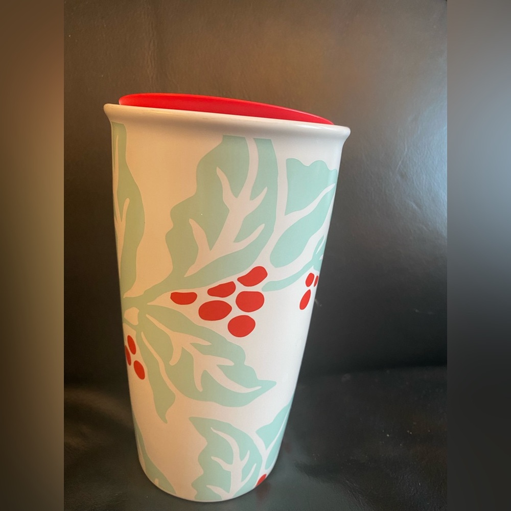 Starbucks Holiday Mint Green Holly Cherry Red Berry Ceramic Tumbler Mug Cup 12oz